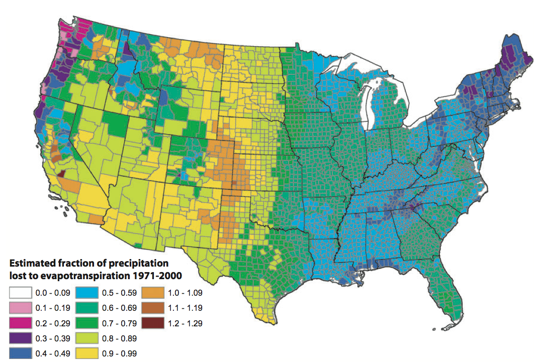 A county-level map of the United States using many hues to encode estimated fractions of precipitation lost to evapotranspiration.