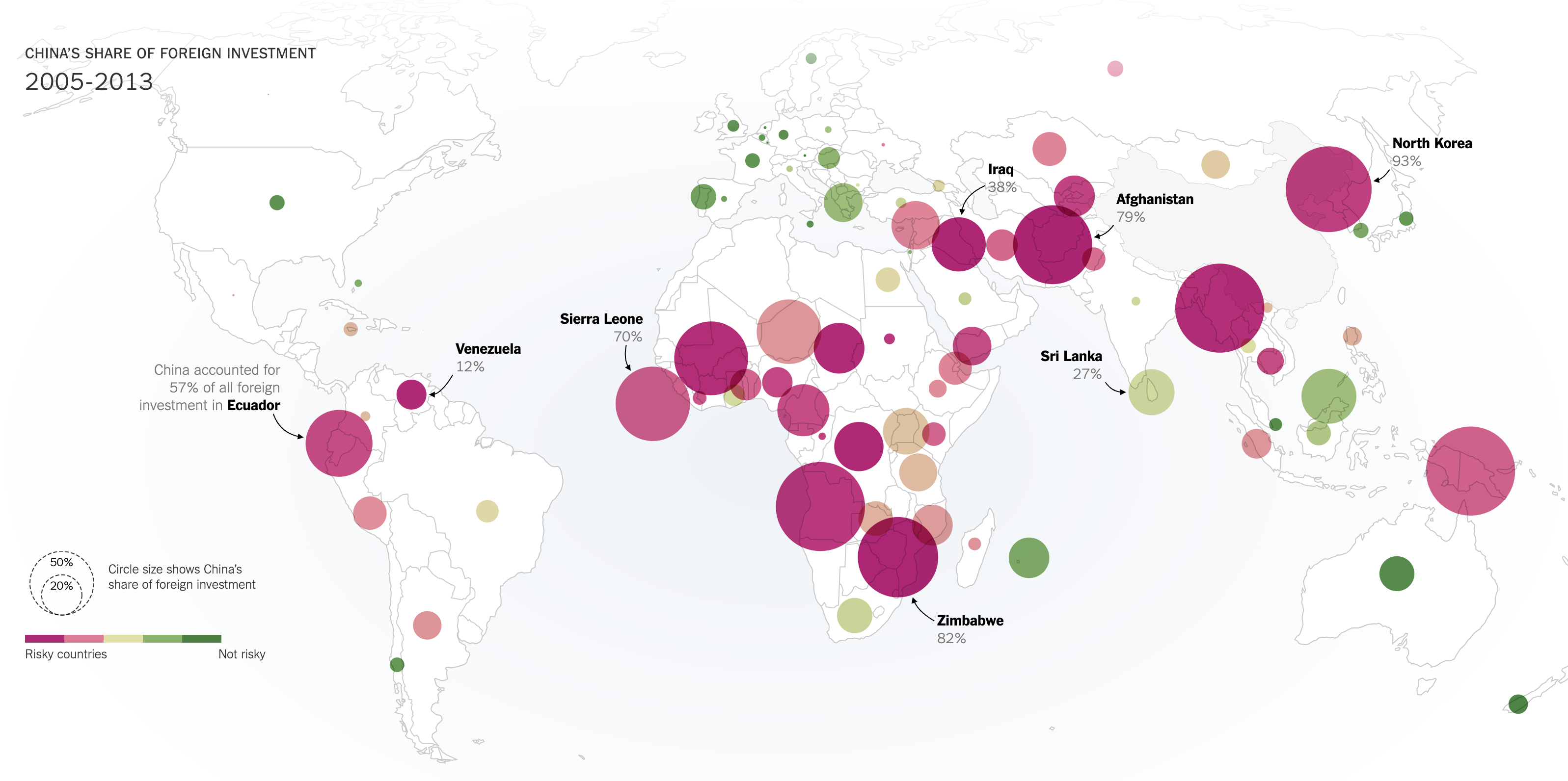 Chinas direct foreign investment from 2005 to 2013, shown as bubbles on a world map.