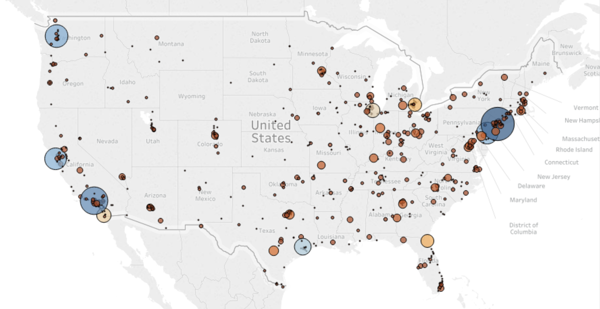 Different sized bubbles across the United States, with local geographic details.