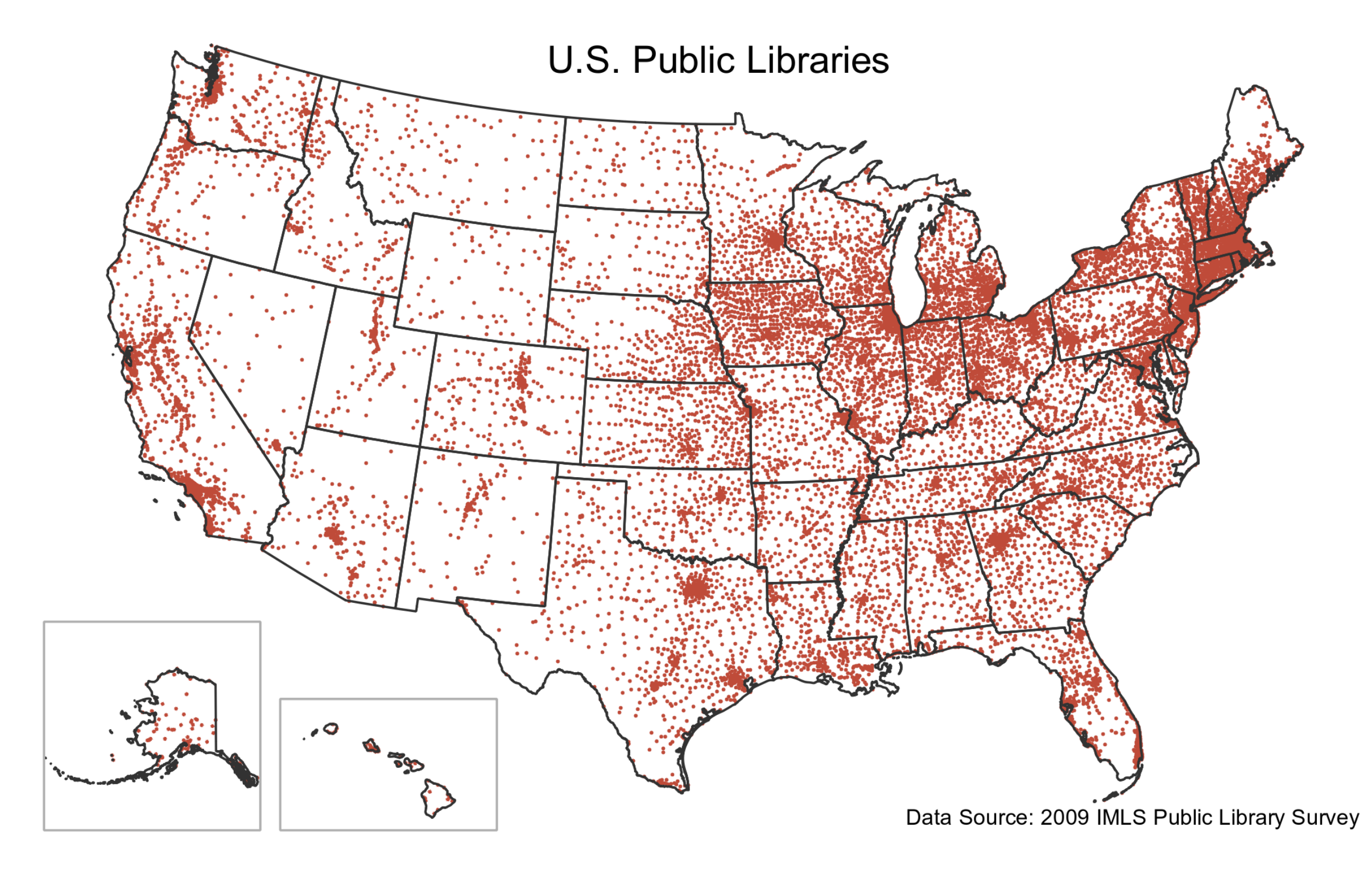 United States public libraries shown as dots on a map.