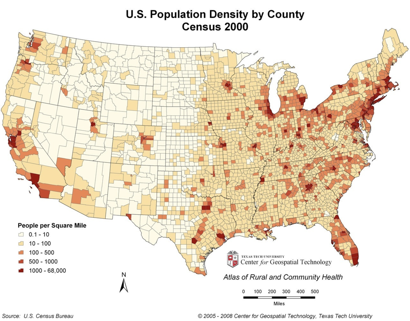 United States population density by county in the 2000 Census.