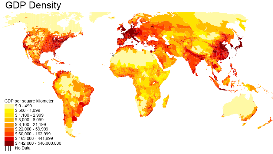 GDP density shown with a yellow-to-red color scale across a world map.