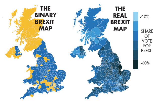 The binary Brexit map and the real Brexit map, comparing different levels of aggregation.