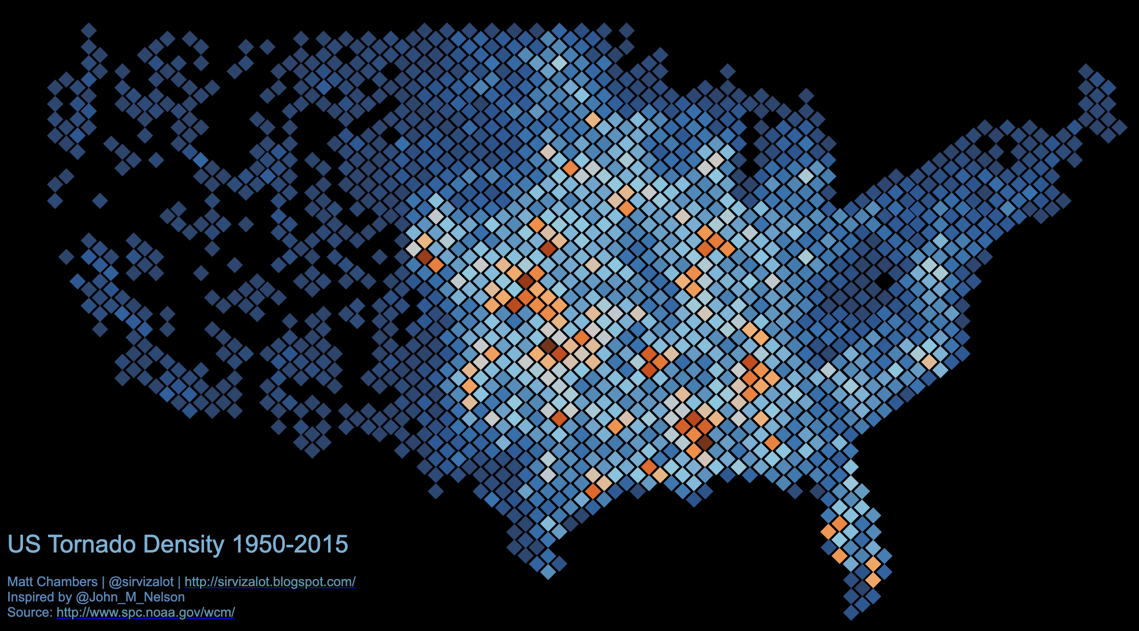 United States tornado density from 1950 to 2015, shown using hexagonal bins.