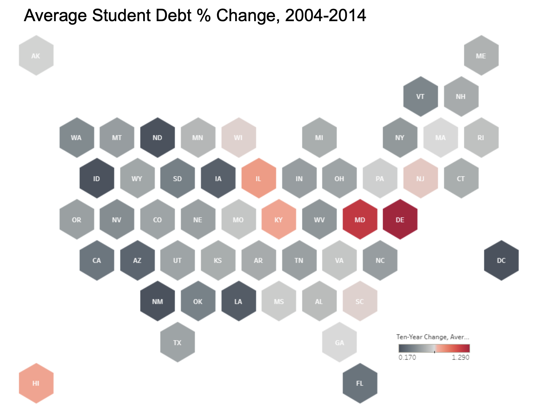 Average student debt percentage change from 2004 to 2014, shown as a hex tile map.