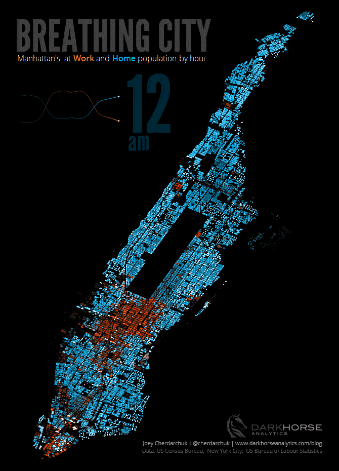 Breathing City: a frame from the Manhattan population movement map.