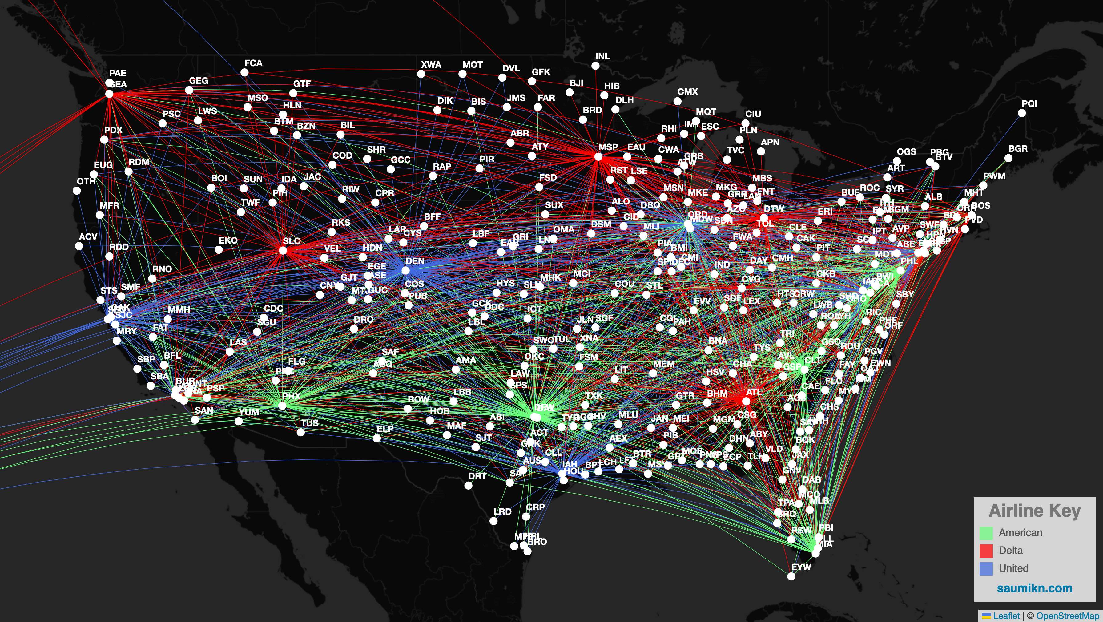 Airline routes across the continental United States, shown as a network.
